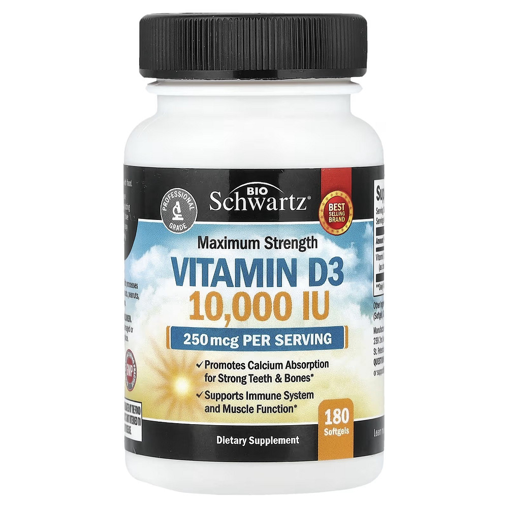 Maximum Strength Vitamin D3, 250 mcg (10,000 IU), 180 Softgels Луцьк - фото 1