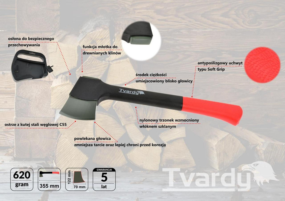 Сокира "Tvardy" вагою  620г кована з вуглецевої сталі C55 з пустотілим топорищем Стрий - фото 1