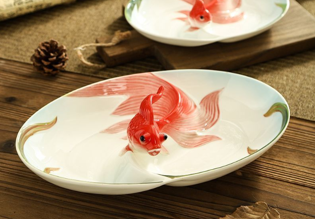 Менажница на 2 секции Золотая рыбка 30 см китайский лепной костяной фарфор Кременчуг - изображение 3