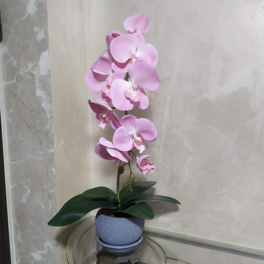 Штучна латексна орхідея VIP у сірому керамічному кашпо на одну рожеву гілку Дніпро - фото 1