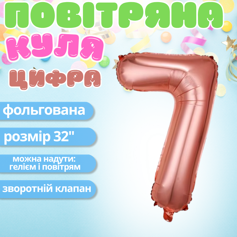 Повітряна куля у вигляді цифри 7 рожеве золото, 32 дюйми, фольгована, для свята дня народження, річниць Кам'янець-Подільський - фото 1