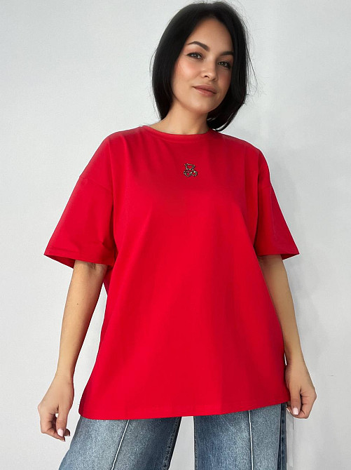 Футболка женская A-N 2006 базова широка оверсайз ведмедик камінчики one size, червоний, one size Київ - фото 11