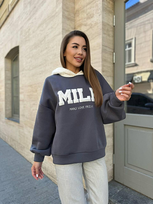 Женский стильный теплый свитшот тринитка на флисе (очень качественная)+трикотаж «Баранчик» Графит, 42/44 Одесса - изображение 1