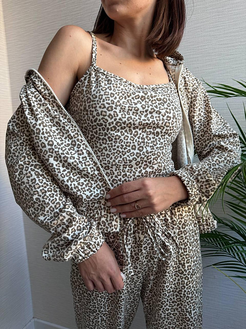 Жіночий леопардовий костюм-трійка з подвійним капюшоном двонитка Беж, 42/44 Одеса - фото 3
