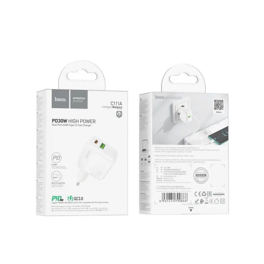Мережевий зарядний пристрій HOCO C111A Lucky dual-port PD30W+QC3.0 charger, колір білий 6931474790866 Одеса - фото 5