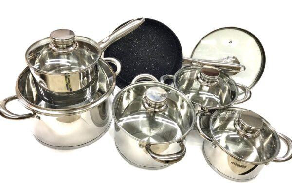 BN-249 (2)-Набір каструль неірж 12 пр силікон.ручки 2,1 л; 2,1л; 2,9л; 3,9л; 6,5 л +сковорода Одеса - фото 1