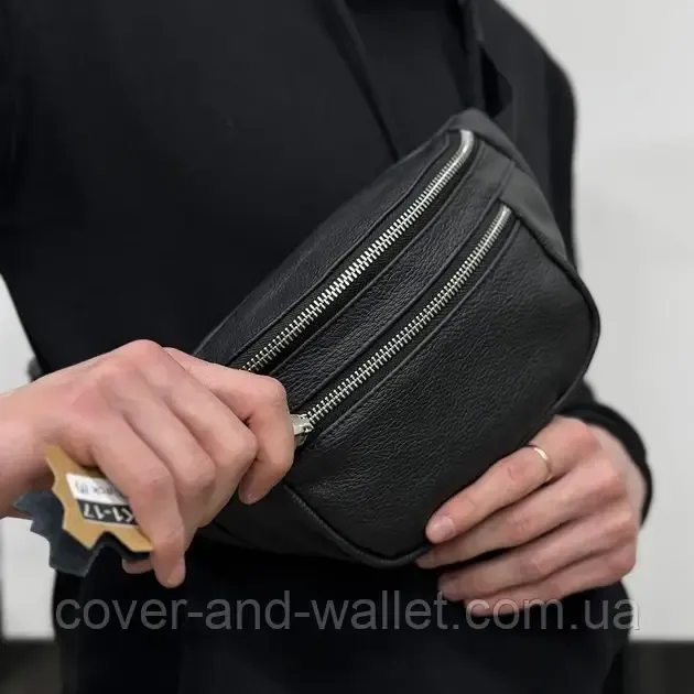 Класична чоловіча сумка бананка з натуральної фактурної шкіри ST Leather K1-17 Black Київ - фото 10