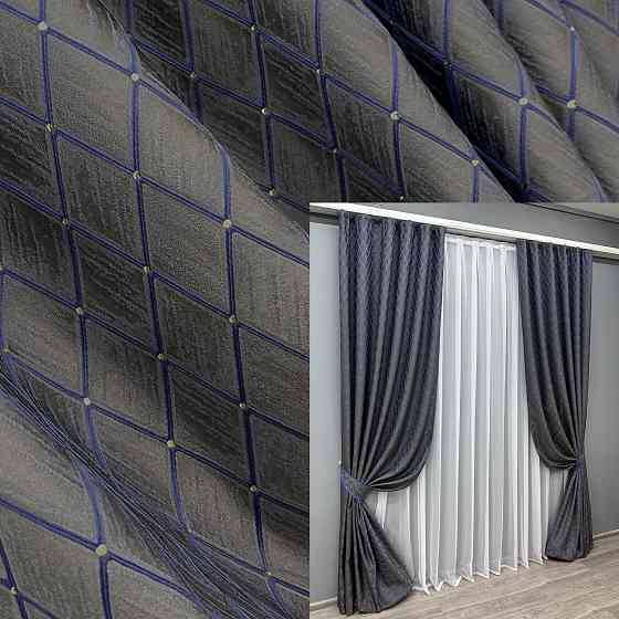 Комплект готових штор VR-Textil Жакард RUBI № 1756ш Графітовий з синім 150х300 см 2 шт (33-0714) Київ