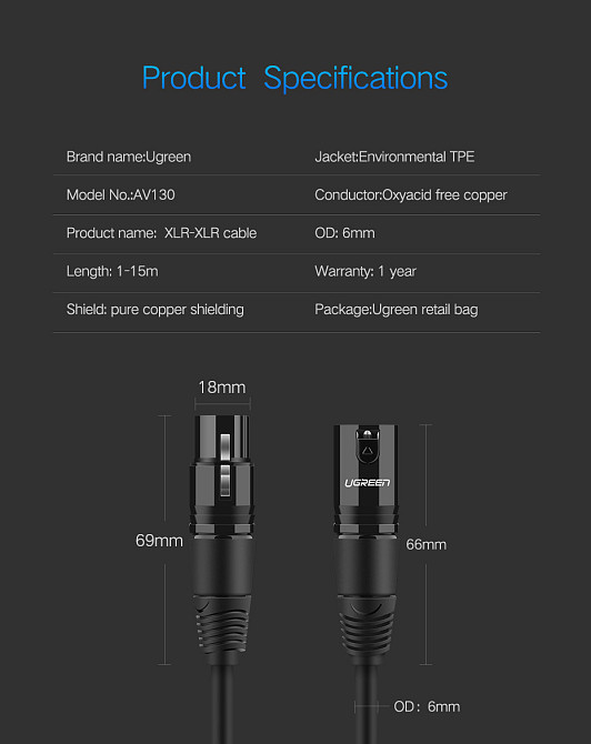 Микрофонный кабель Ugreen AV130 XLR Male to Female Microphone Cable (Черный, 3м) Николаев - изображение 10