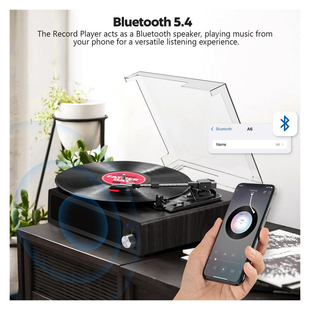 Платівковий програвач вінілових платівок FYDEE Bluetooth 5.4 33/45/78 об/хв вбудовані 2x3W динаміки RCA AUX чорний горіх Київ - фото 8