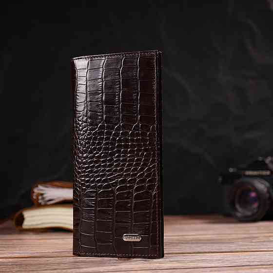 Стильний чоловічий вертикальний гаманець із натуральної шкіри із тисненням під крокодила CANPELLINI 21900 Коричневий Київ