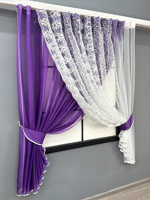 Кухонні шторки VR-Textil № 101к з підв'язками фіолетовий з білим 330х170 см (52-1199) Київ - фото 2