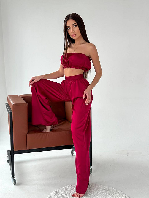 Жіноча піжама-трійка: топ шорти та штани із шовку армані Бордо, 44/46 Одеса - фото 2