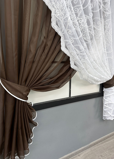 Кухонні шторки VR-Textil № 101к з підв'язками венге з білим 330х170 см (52-1195) Київ - фото 5