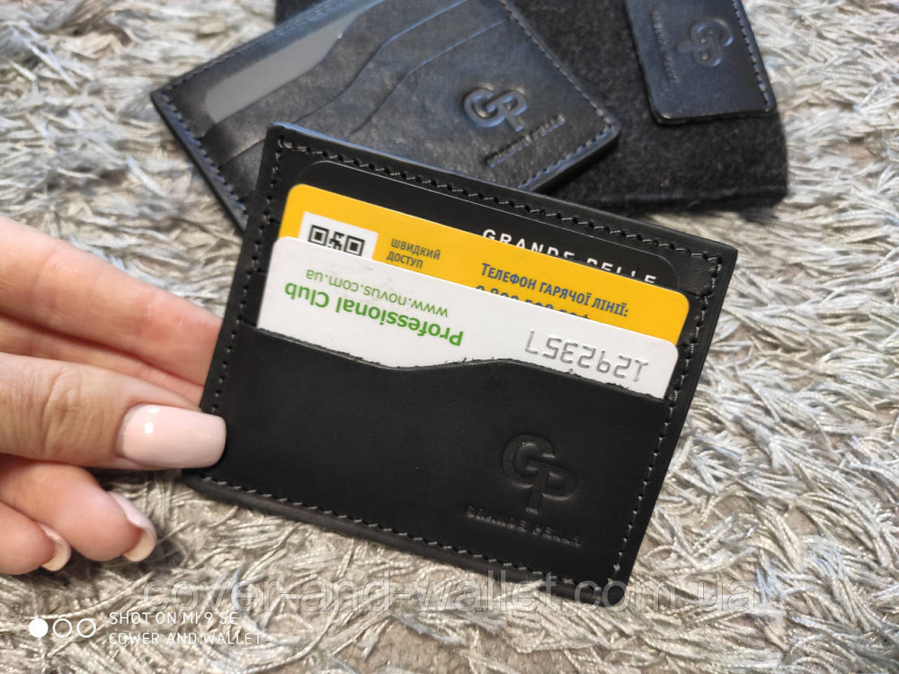 Чорний шкіряний картхолдер із відділенням для купюр Grande Pelle Київ - фото 2