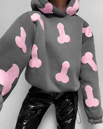 Женское теплое ОХУЕ*** худи оверсайз кроя на фиксаторах трехнитка на флисе Графит Одесса