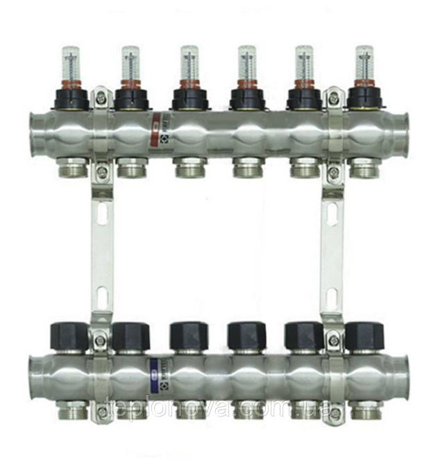 Колектор нержавійка на 6 пар виходів  "Raftec" RC-03 для Теплої Підлоги з розходомірами Чернівці - фото 1