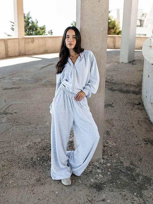 Женский повседневный оверсайз костюм двойка: кофта и штаны хлопковый велюр Меланж Одесса - изображение 3