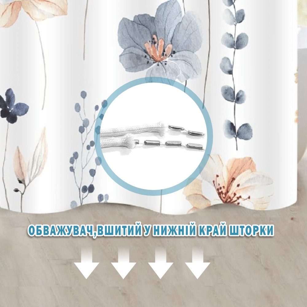 Тканинна шторка-фіранка для ванної Aquarius 180 х 180 см з кільцями - Блакитні/Бежеві Квіти - 100% поліестер Буча - фото 5