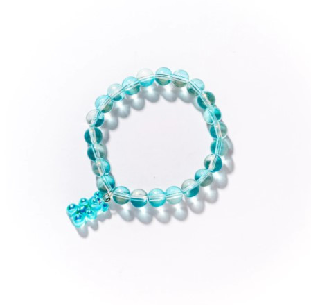 Браслет с мишкой и бусами, цвет бирюзовый, размер универсальный на резинке, мишка 1,6см Киев - изображение 1