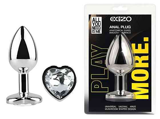 Анальная пробка EGZO Silver Heart Plug Clear M из серебристого металла, анатомическая Sex Aura Киев