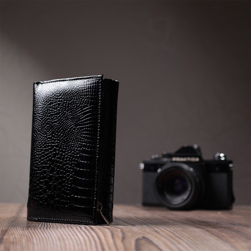 Женский кошелек в три сложения из лакированной фактурной натуральной кожи ST Leather 22707 Черный Киев - изображение 10