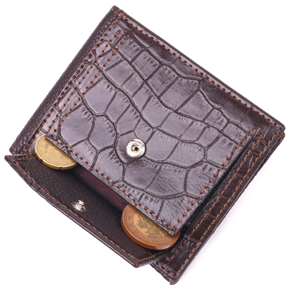 Фактурний чоловічий затиск із монетницею з натуральної шкіри з тисненням під крокодила KARYA 21405 Коричневий Київ - фото 6