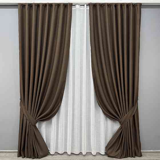 Комплект штор VR-Textil рогожка преміум TERRA LUXE 200х270 2шт і Тюль 600х270 1861ш-115т шоколадний з білим 71-079/7 Київ