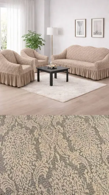 Жаккардовый турецкий чехол на диван и два кресла, универсальный натяжной чехол, накидка на диван Бежевый Коломыя - изображение 2