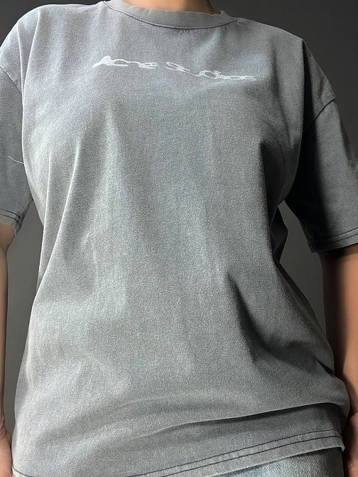 Футболка женская A-N 27039 вареная тай-дай оверсайз хлопок с надписью, серый, one size Киев - изображение 6