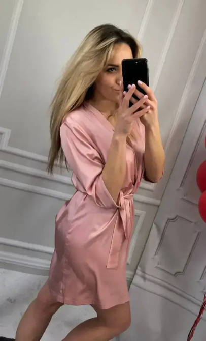 Шелковая ночнушка с халатом Пудровый 50/52 Харьков - изображение 1