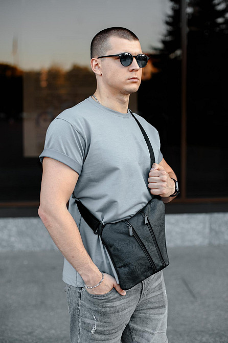 Сумка-слинг из натуральной кожи, сумка через плечо мужская SL026 (Черная) Сумы - изображение 2