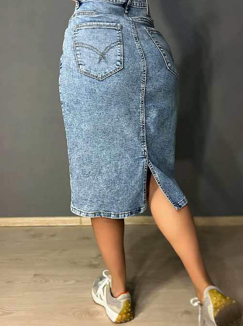 Спідниця джинсова жіноча Vanver 8118 з розрізом ззаду великі розміри блакитна, блакитний, 4О, 40, 112 см, 140 см Київ - фото 12