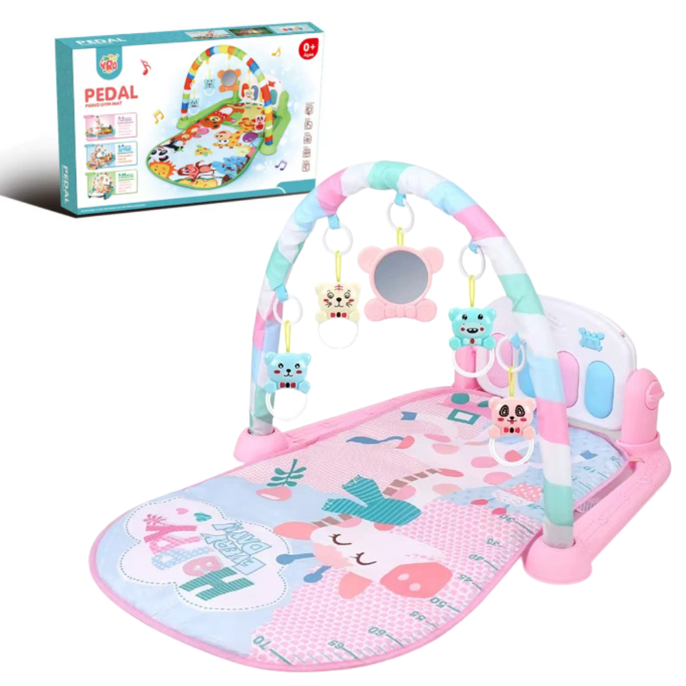 Развивающий игровой коврик детский с подвесными игрушками и музыкальным пианино с шкалой роста с принтом животных розовый Каменец-Подольский - изображение 1