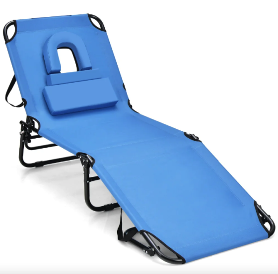 Шезлонг Costway Hanna розкладний з отвором для обличчя блакитний Киев