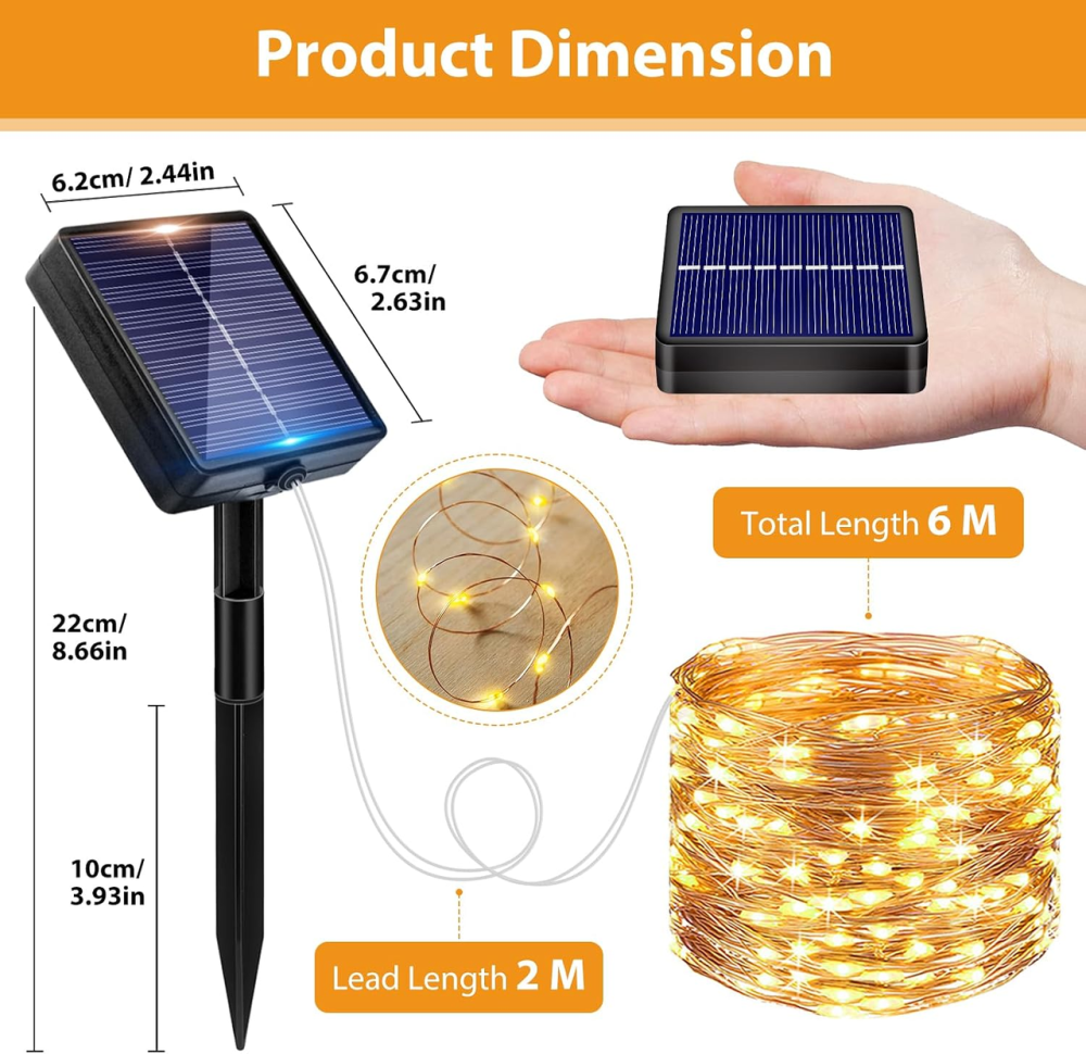 Сонячна LED-гірлянда Peasur 6 м 60 LED, теплий білий, 8 режимів, таймер, IP65, мідний дріт Київ - фото 7