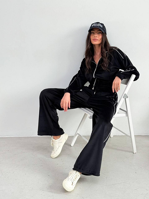 Велюровый костюм женский с широкими штанами Черный 42/46 Харьков - изображение 2