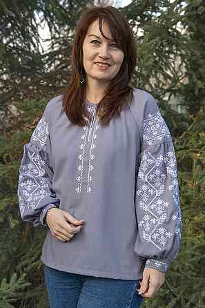 Вышиванка женская с длинным рукавом натуральная льняная, серая  топ 56/58 Киев