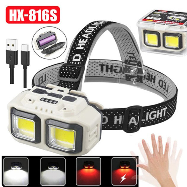Ліхтар налобний акумуляторний HX-816S-2COB(white+red) Motion Sensor GQ-91 Львів - фото 3