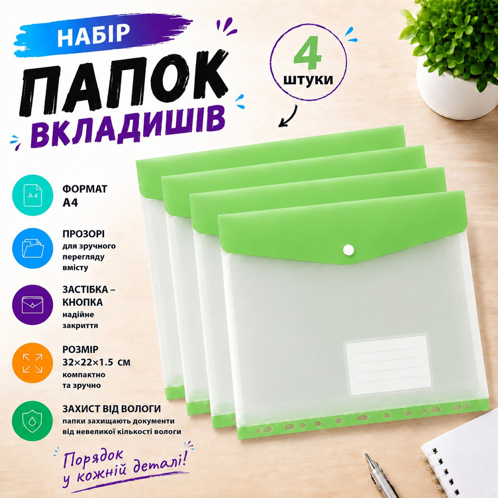 Набор папок-файлов с кнопкой для документов 4 шт формат А4 папка-конверт для фолдера папки-органайзеры прозрачные, зелёный Каменец-Подольский - изображение 1