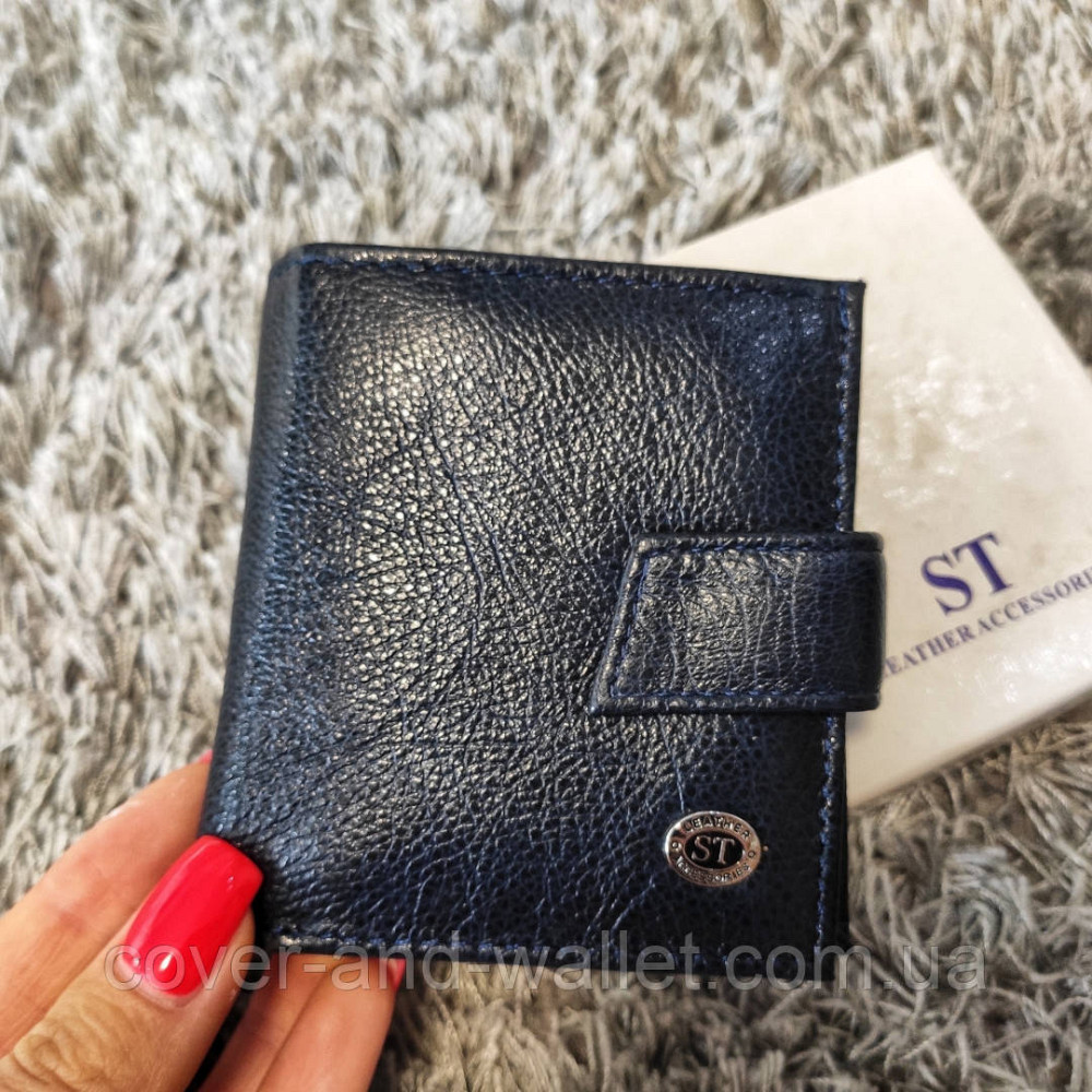 Квадратный маленький кожаный кошелек с монетницей синего цвета ST 430 Киев - изображение 7