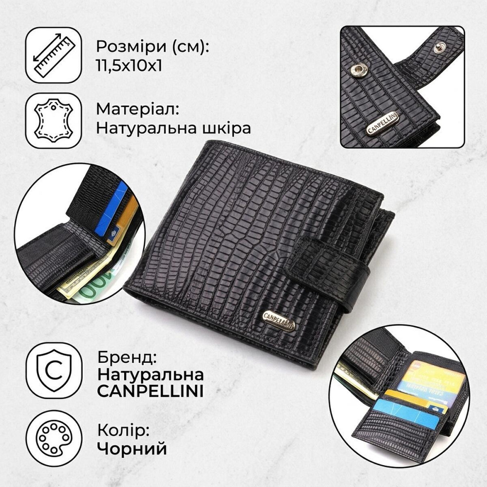 Оригинальный фактурный бумажник горизонтального формата из натуральной кожи с тиснением CANPELLINI 21771 Черный Киев - изображение 13
