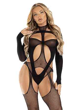 Бодістокінг 2 в 1 Leg Avenue Bodystocking with cutout teddy, One Size, чорний, панчохи-сітки і тедді Sex Aura Київ