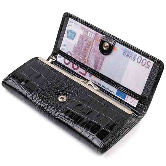 Стильный женский кошелек из лакированной натуральной кожи с тиснением под крокодила CANPELLINI 21707 Черный Киев