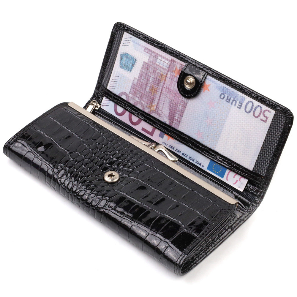 Стильный женский кошелек из лакированной натуральной кожи с тиснением под крокодила CANPELLINI 21707 Черный Киев - изображение 5