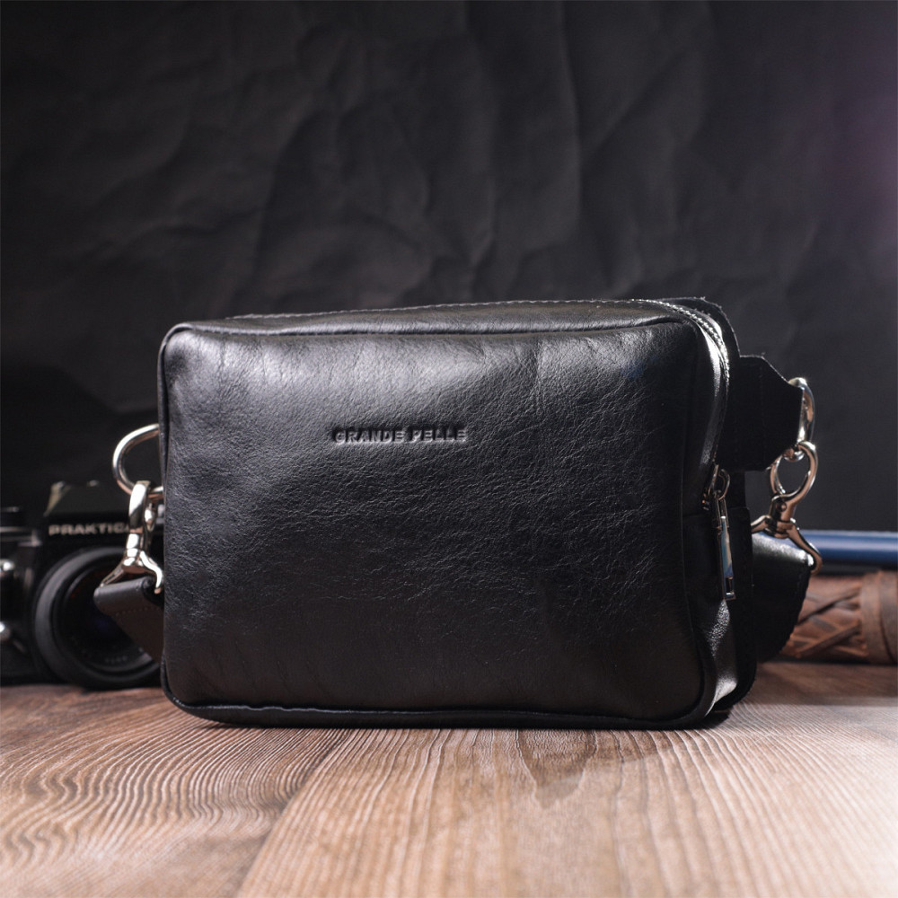 Сумка бананка прямоугольного формата из качественной натуральной кожи GRANDE PELLE 22576 Черный Киев - изображение 3