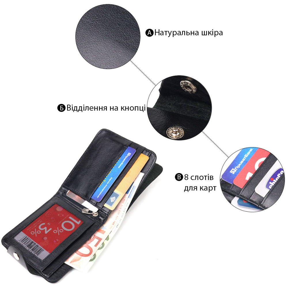 Містке чоловіче портмоне в два складення з натуральної гладкої шкіри CANPELLINI 21573 Чорне Київ - фото 7