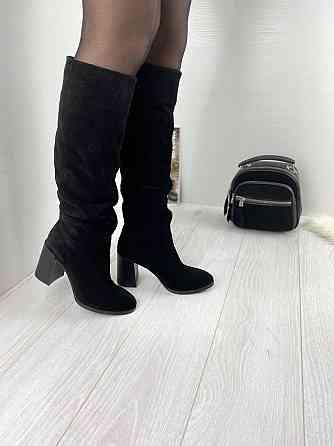 Injers Чоботи жіночі замшеві демісезонні весна-осінь на підборах чорні, з натуральної замші р. Коломыя