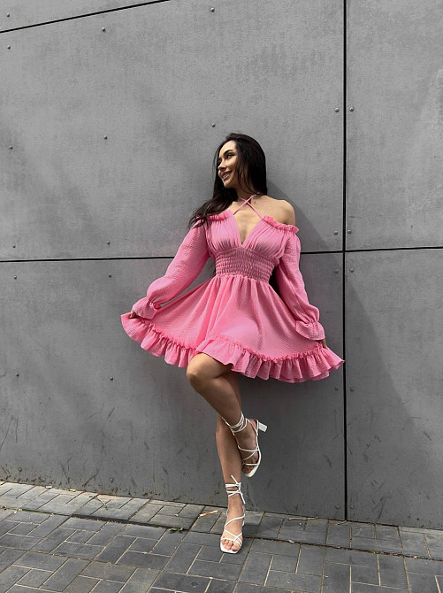 Женское летнее романтичное мини платье натуральный муслин Персик, 42/44 Одесса - изображение 6