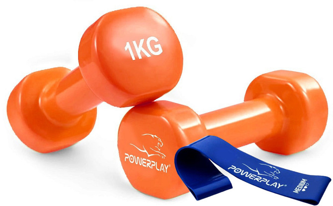 Гантелі вінілові PowerPlay 2 * 1 кг. PP_4103 Помаранчеві (2шт. - пара) + Резинка для фітнесу 7,5кг Каменское - изображение 1